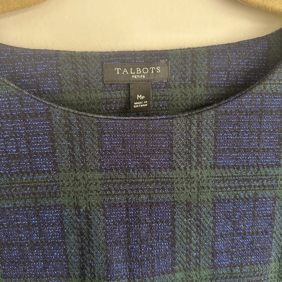 Talbots 3/4 Sleeve Blue and Green Plaid Metallic Blouse Sz MP Holiday Winter - Picture 3 of 6